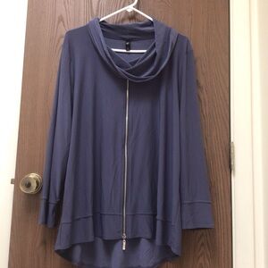 Women's tunic top slate gray drape collar, deco zipper, jersey, sz XL